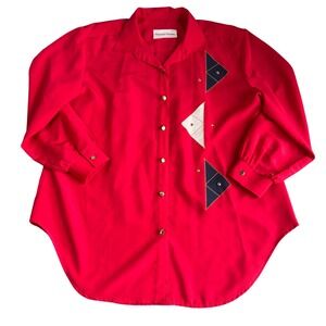 Stephanie Thomas Womens 2XL Red Button-Up Blouse Geometric‎ Long Sleeve Blouse